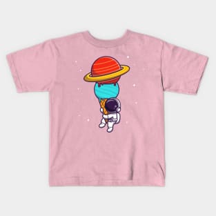 Cute Astronaut Holding Ice Cream Planet Cartoon Kids T-Shirt